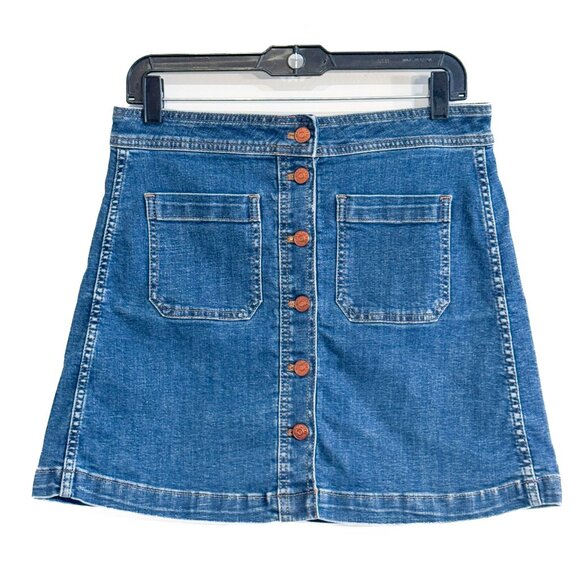 Madewell Stretch Denim A-Line Mini Skirt Dark Wash Patch Pockets Women's Size 8 - Picture 3 of 10